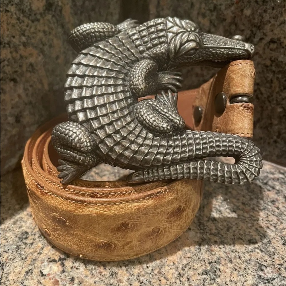 Huge Kieselstein-Cord Sterling Alligator Buckle W. Neutral Ostrich Belt Size 30